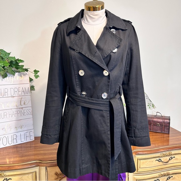 Express Jackets & Blazers - Express Black Denim Double-Breasted Belted Silver Button Trench Coat
